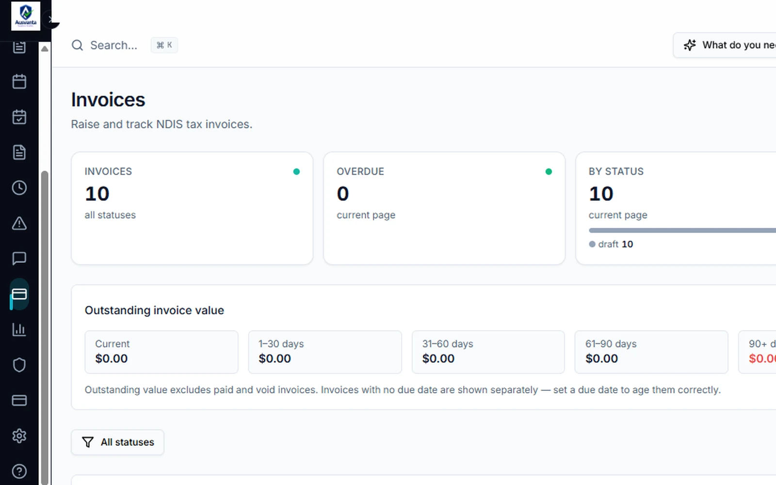 Invoices and outstanding value — Ausvanta screenshot