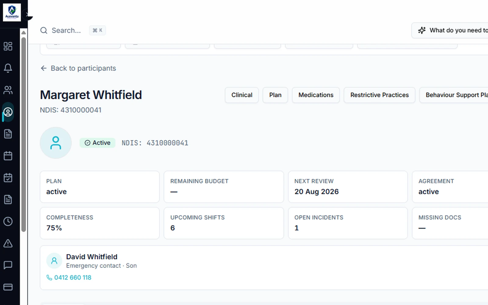 Participant record with Restrictive Practices and Behaviour Support Plan tabs — Ausvanta screenshot