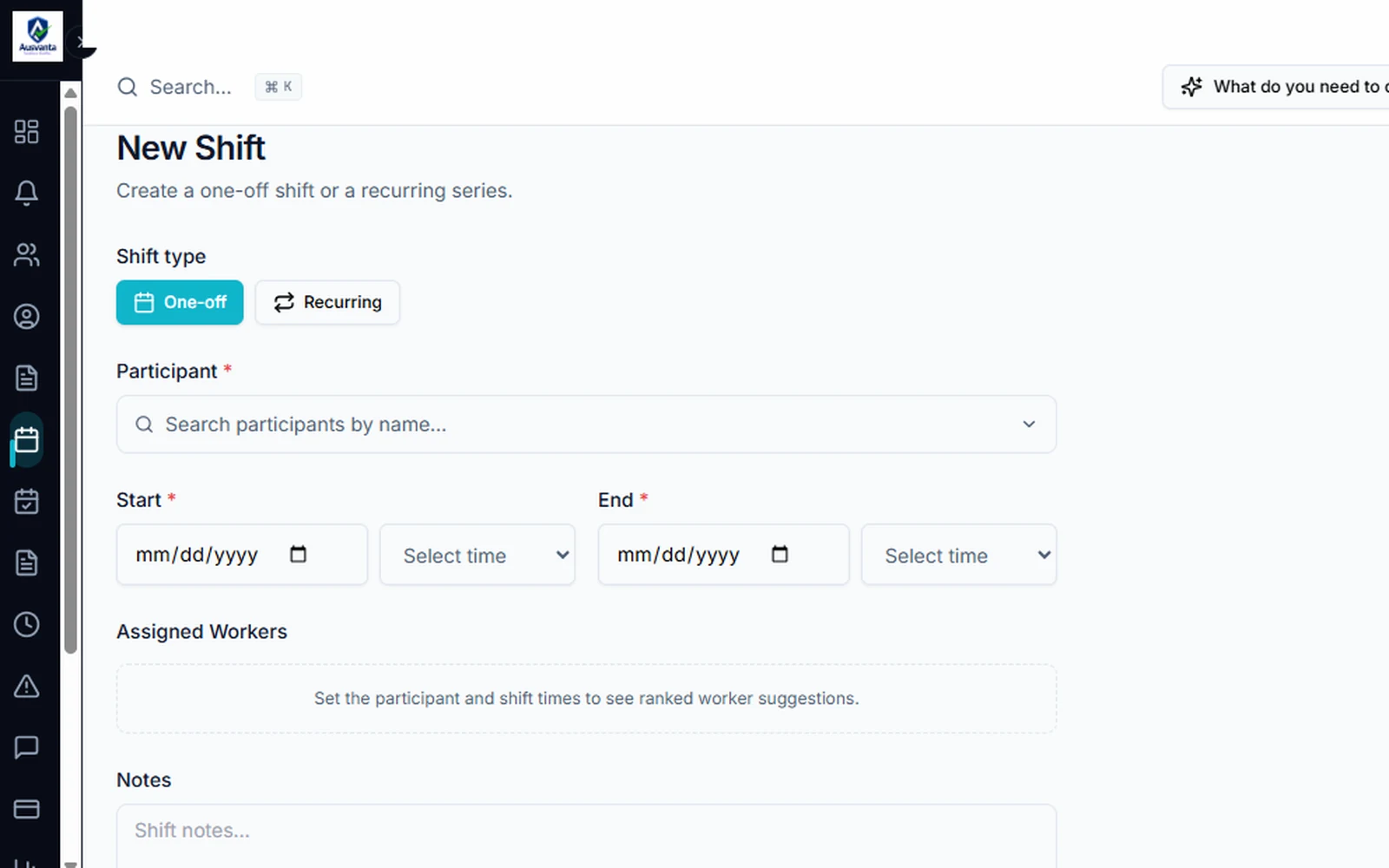 Creating a shift — Ausvanta screenshot