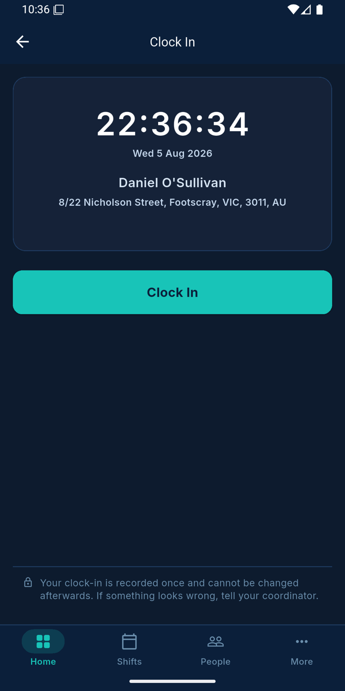 GPS-verified clock in & out — Ausvanta worker app