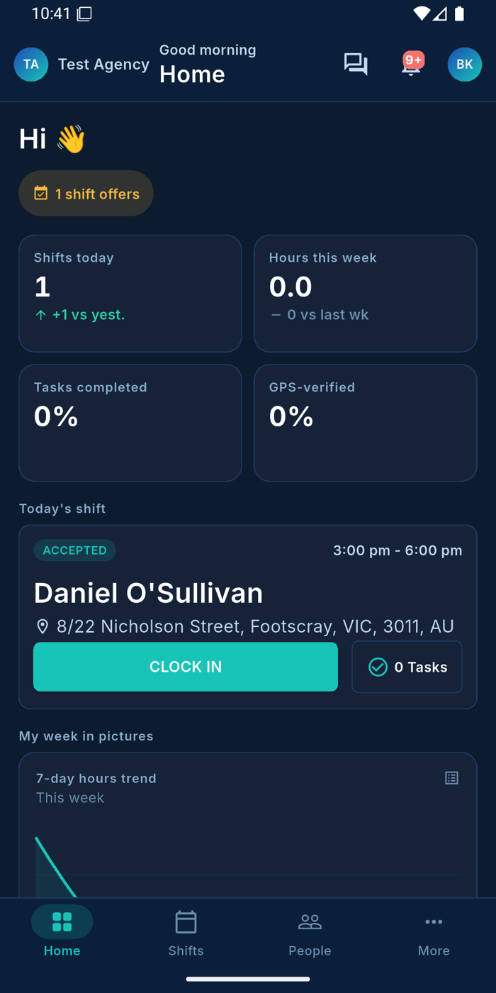 Worker home — today's shift with clock-in