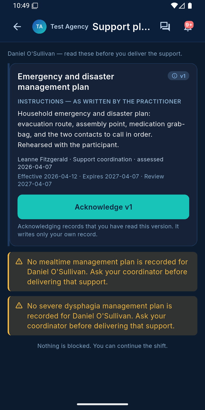Support plan acknowledgement