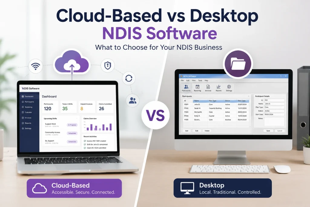 Cloud-Based vs Desktop NDIS Software for Australian NDIS providers comparing cloud accessibility, security, mobile workforce support, compliance management, and traditional desktop software features.