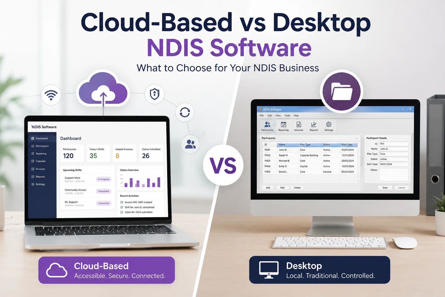 Cloud-Based vs Desktop NDIS Software for Australian NDIS providers comparing cloud accessibility, security, mobile workforce support, compliance management, and traditional desktop software features.