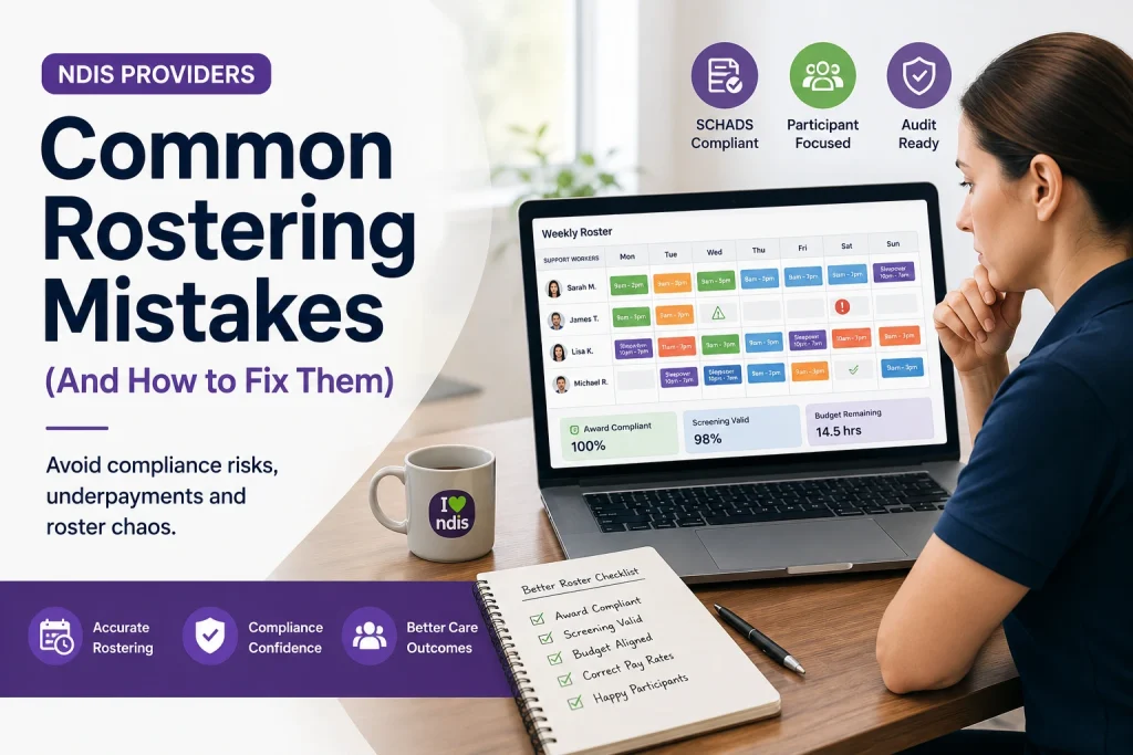 Australian NDIS provider reviewing a digital staff rostering schedule to identify common rostering mistakes, SCHADS compliance risks, payroll errors, and participant care issues.