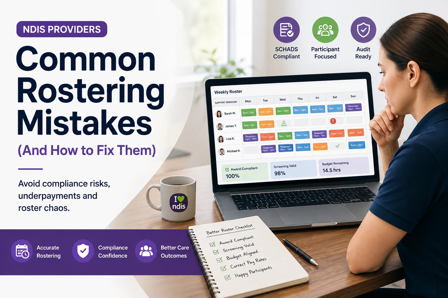 Australian NDIS provider reviewing a digital staff rostering schedule to identify common rostering mistakes, SCHADS compliance risks, payroll errors, and participant care issues.
