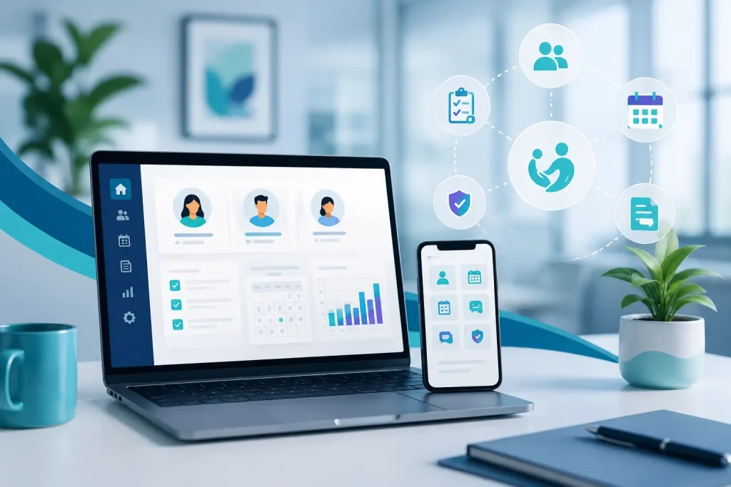 Modern NDIS client management software dashboard displayed on a laptop and smartphone in a clean office workspace, featuring digital healthcare icons, participant management, rostering, scheduling, reporting, and secure care coordination in a contemporary Australian healthcare technology setting.