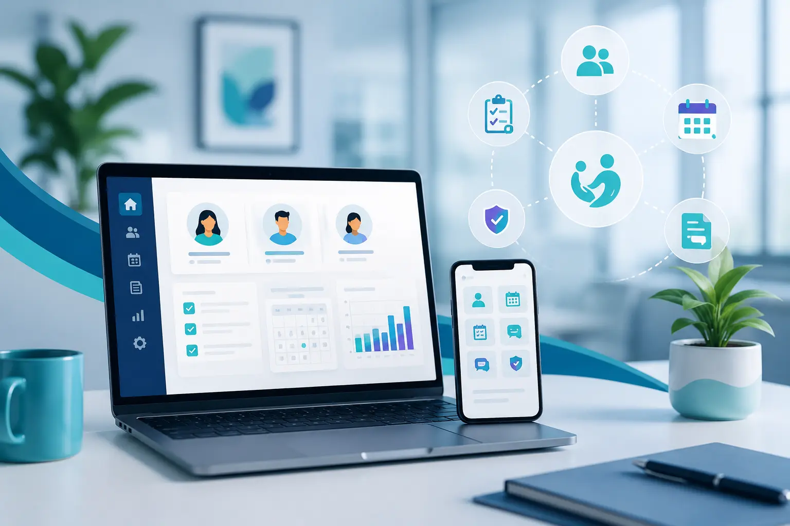 Modern NDIS client management software dashboard displayed on a laptop and smartphone in a clean office workspace, featuring digital healthcare icons, participant management, rostering, scheduling, reporting, and secure care coordination in a contemporary Australian healthcare technology setting.