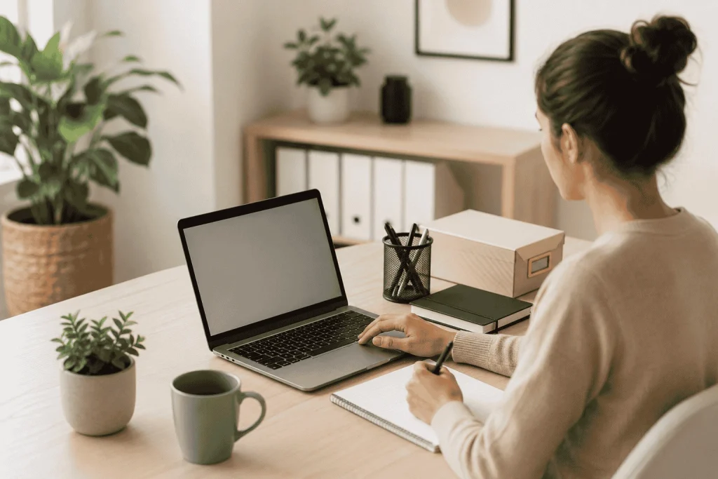Modern home office workspace with a professional using NDIS provider software on a laptop, featuring a clean desk, notebook, indoor plants, and a bright minimalist interior that represents efficient digital administration for sole traders.