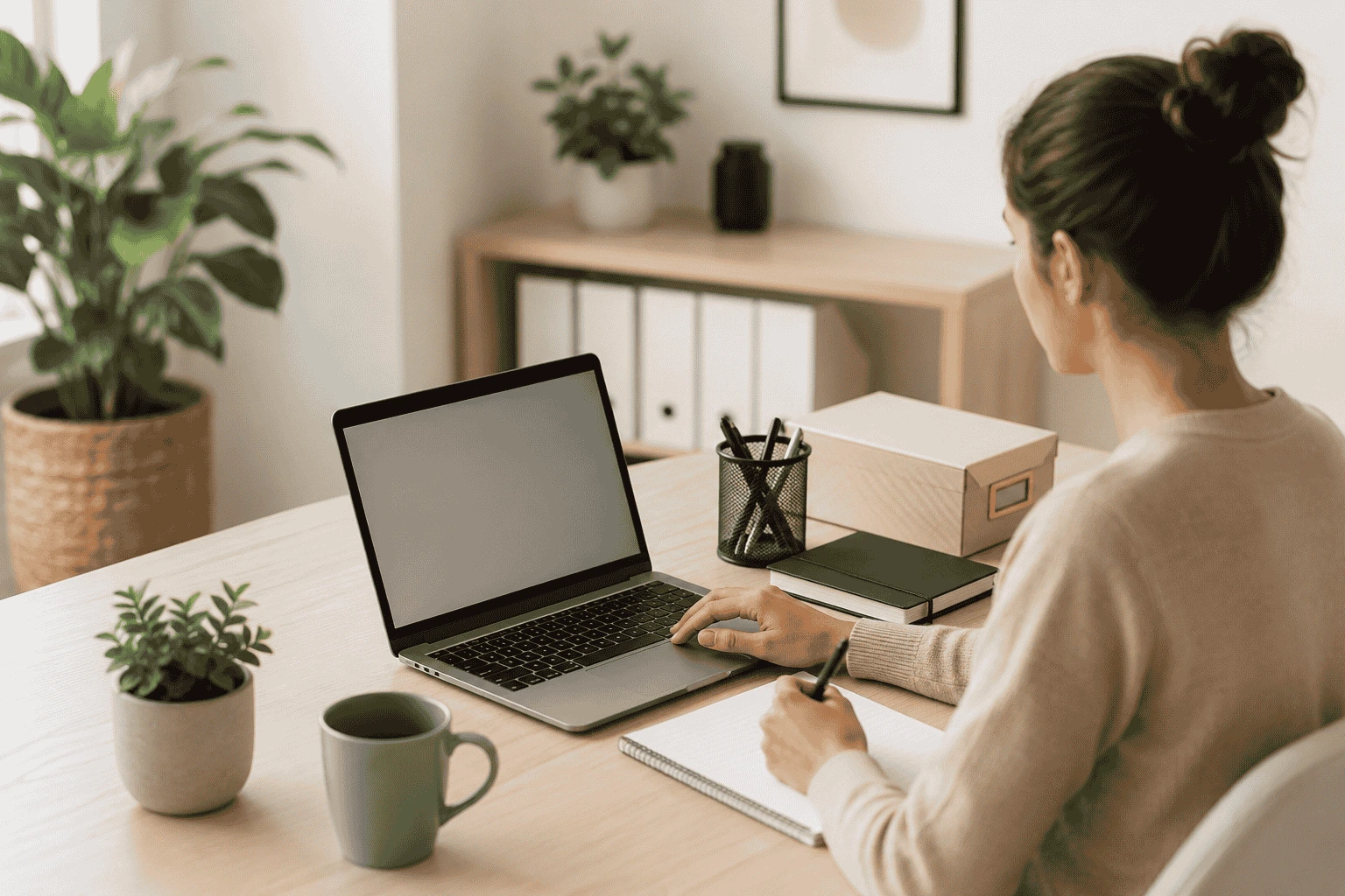 Modern home office workspace with a professional using NDIS provider software on a laptop, featuring a clean desk, notebook, indoor plants, and a bright minimalist interior that represents efficient digital administration for sole traders.