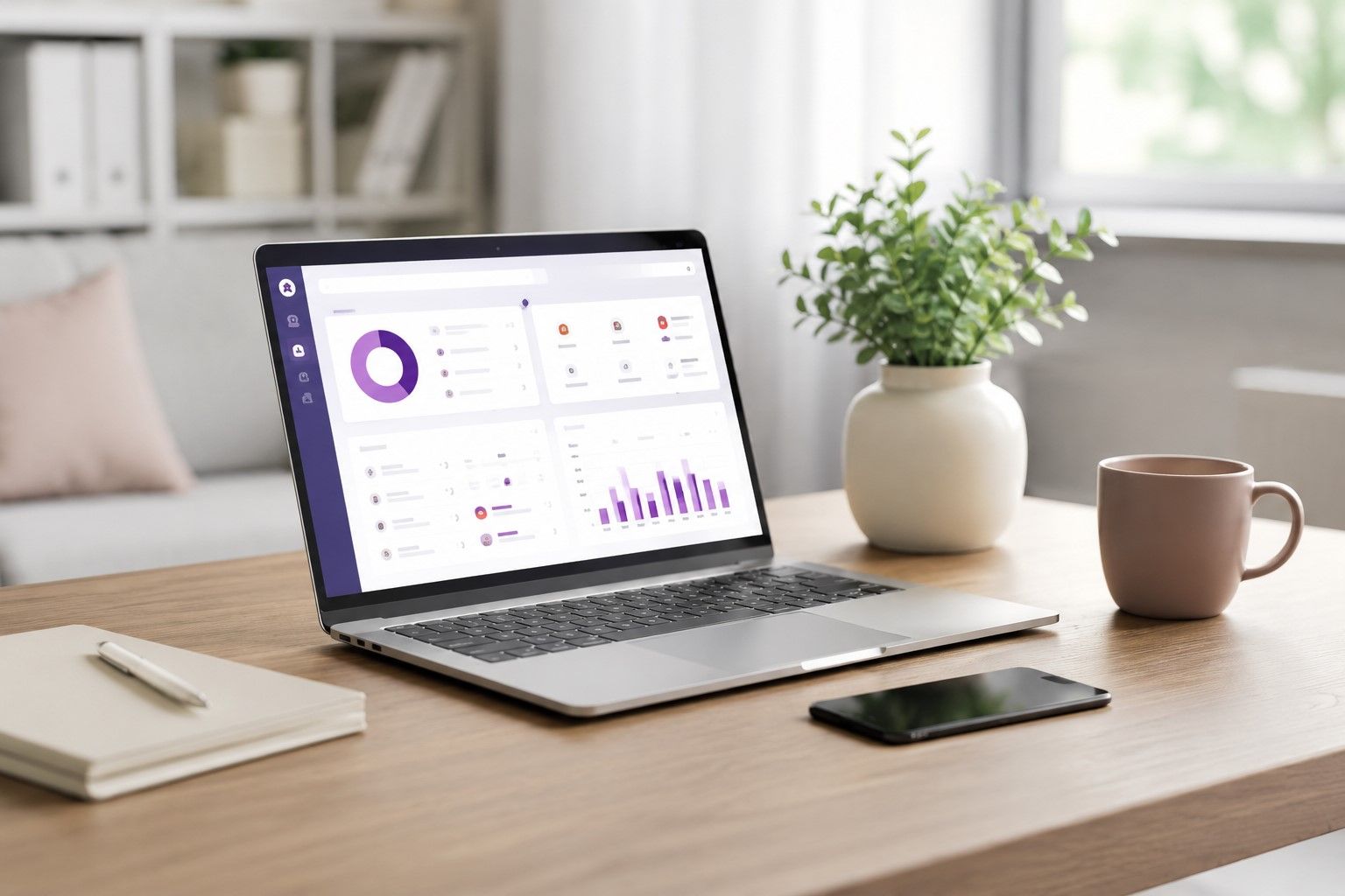 Modern NDIS software dashboard displayed on a laptop in a clean office workspace, representing participant management, rostering, compliance, claims, and administrative tools for small NDIS providers in Australia