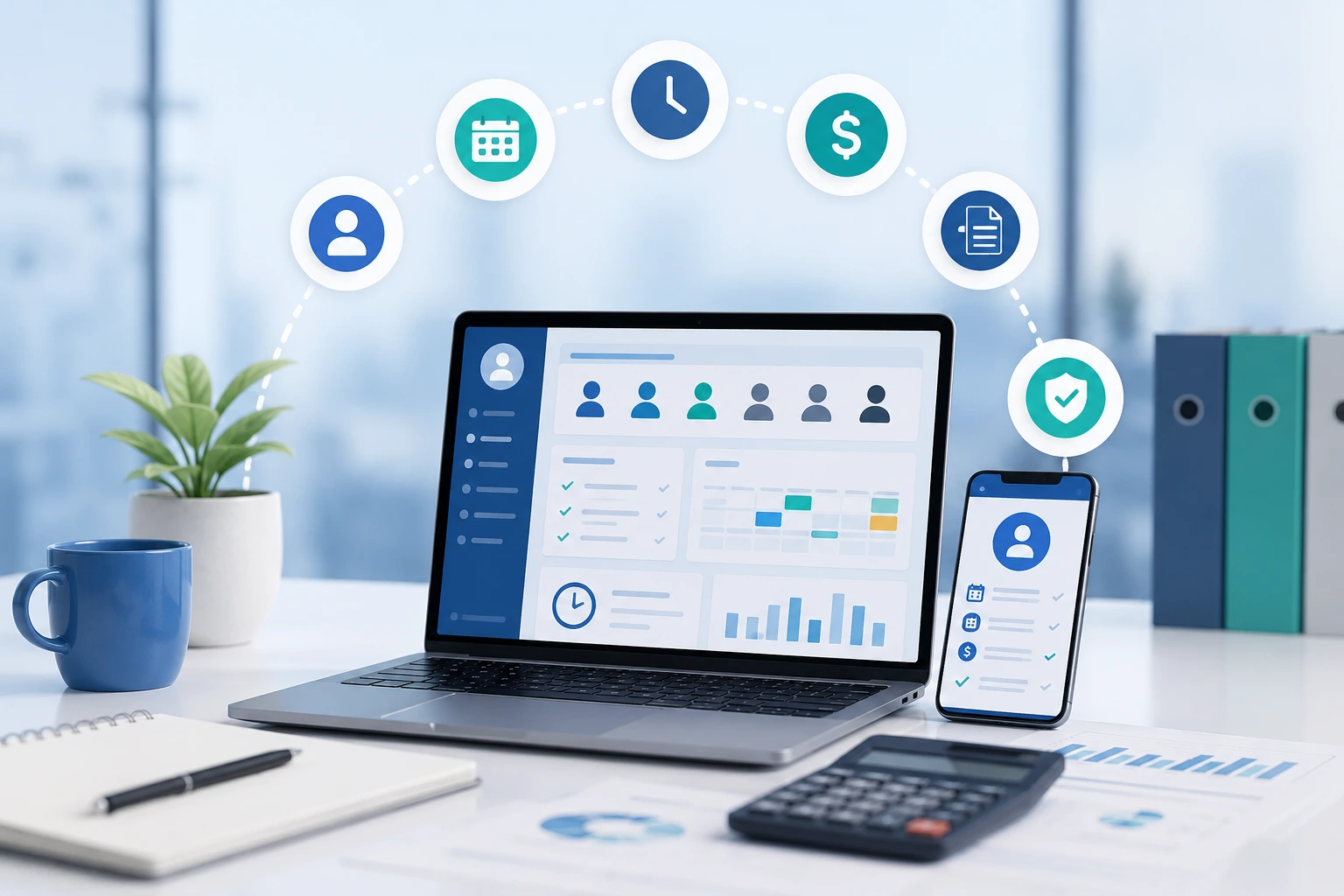 Illustration of NDIS payroll software featuring employee records, rostering, payroll processing, time tracking and compliance workflow.