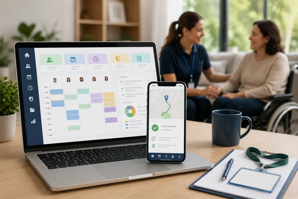 NDIS provider management software displayed on a laptop and smartphone, with a support worker assisting a person in a wheelchair in the background.