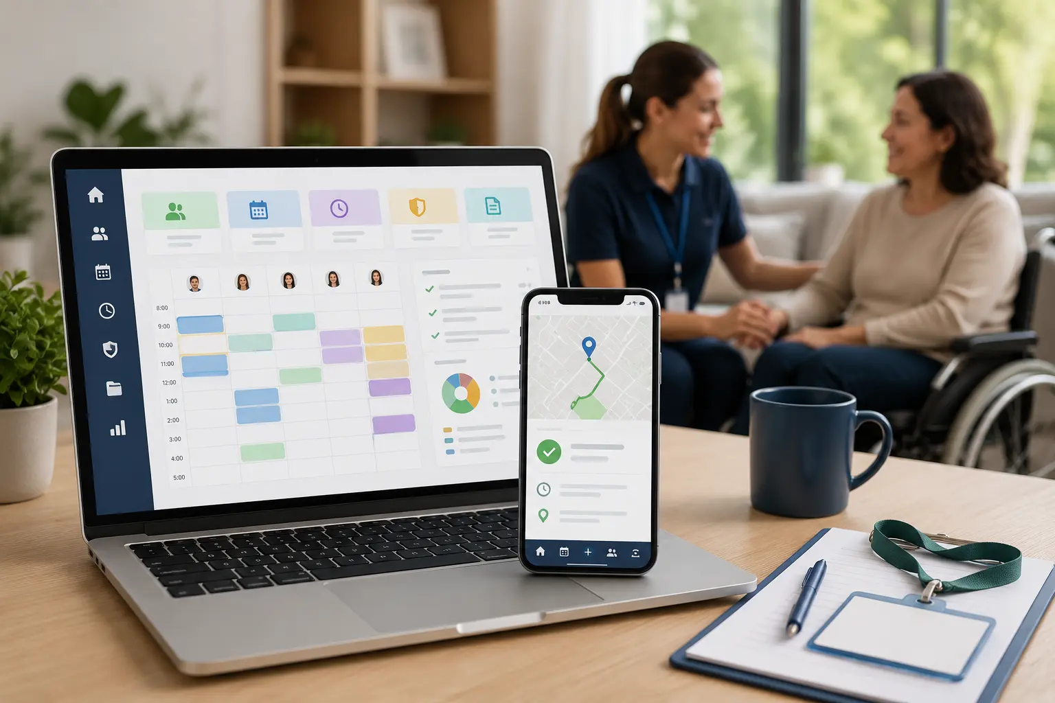 NDIS provider management software displayed on a laptop and smartphone, with a support worker assisting a person in a wheelchair in the background.