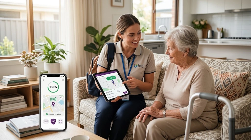A support worker and an elderly client sitting together in a living room while the worker uses a digital tablet displaying a location map interface. In the foreground, a smartphone rests on a table showing a time-tracking app screen with a location pin icon and timer.