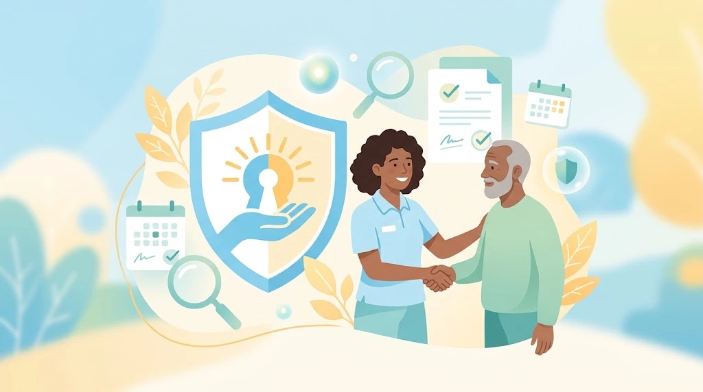 A light-toned illustration of a female support worker shaking hands with an elderly man alongside symbols for worker screening, including a protective shield, verified checklist, magnifying glass, and calendars.