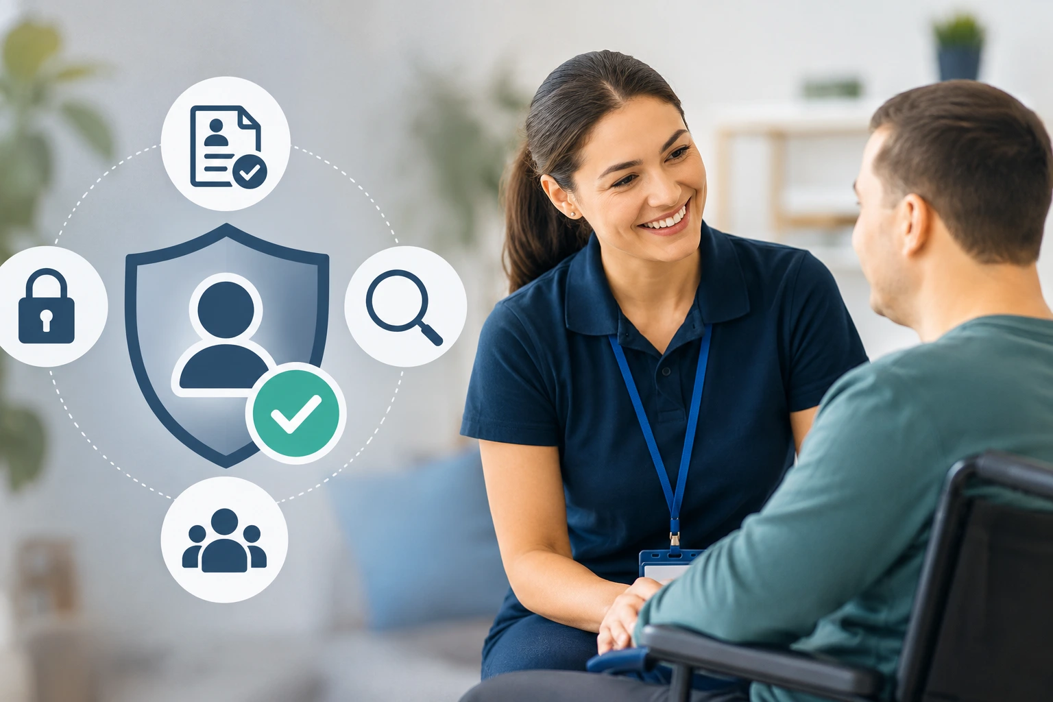 NDIS worker screening check concept showing a disability support worker assisting a participant, with security, identity verification, and background screening icons.