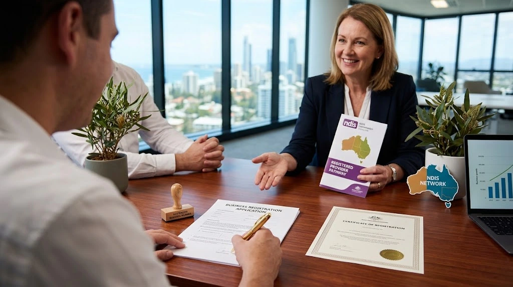 A supportive meeting between a business advisor and two entrepreneurs at a wooden desk in a modern office overlooking an Australian city skyline. The advisor points to a document detailing Australia's NDIS provider registration pathway, while one of the entrepreneurs fills out a business registration application next to a laptop displaying growth charts, native Australian desk plants, and official certificates.