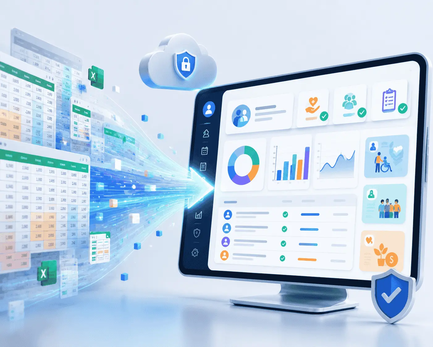 3D illustration showing the transformation of spreadsheet data into a secure cloud software platform, with glowing spreadsheet grids flowing through a digital data stream into a modern dashboard interface on a computer monitor. The dashboard displays charts, care management icons, analytics panels, and security symbols in a clean blue and teal corporate style.