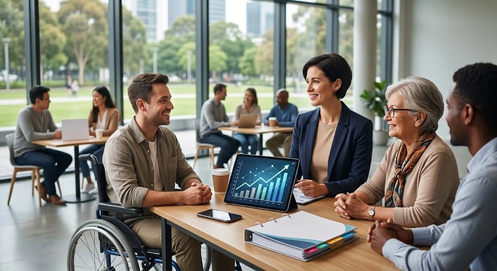 NDIS support provider meeting with a participant in a wheelchair to discuss client acquisition strategies, plan management, and service growth using a digital dashboard.