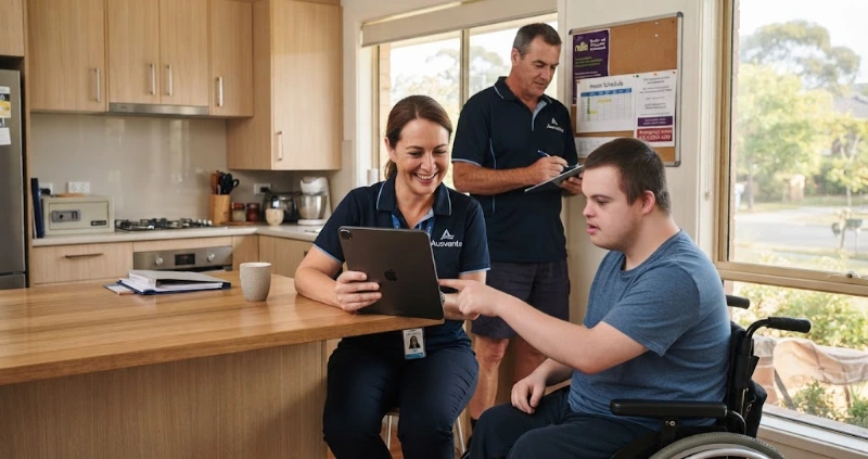An Ausvanta support worker sits at a kitchen island reviewing a digital roster on an iPad with a male NDIS participant in a wheelchair, while a second staff member completes documentation in the background of a modern Supported Independent Living (SIL) home. This featured image for our NDIS software guide highlights effective collaboration and digital compliance in an Australian SIL environment.