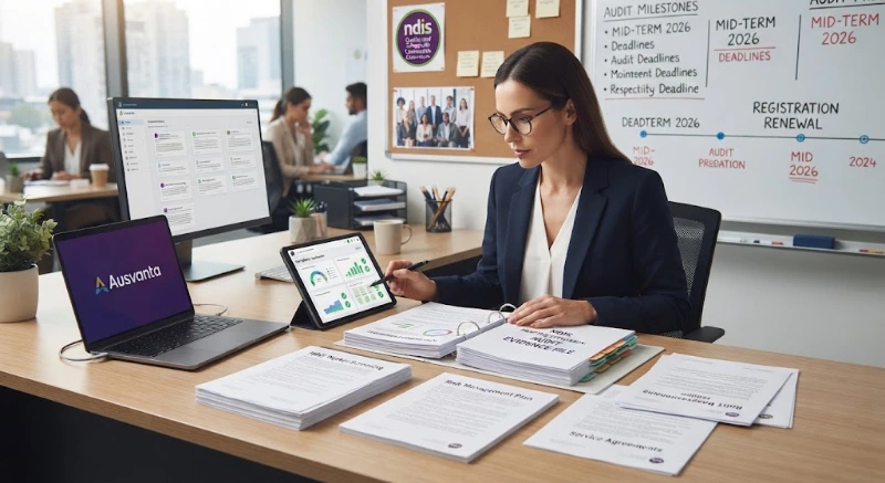 Professional NDIS provider reviewing audit compliance documents at an organized office desk featuring a laptop displaying the Ausvanta platform, a tablet, organized files, and a compliance whiteboard in the background.