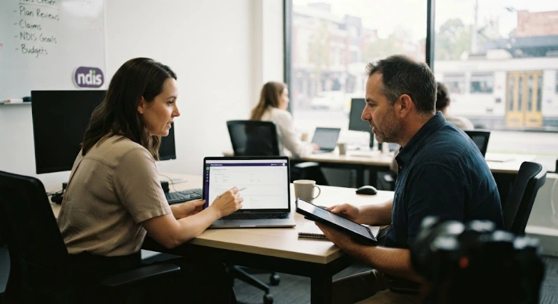 Two professionals review a claim form on a laptop, a key step in the NDIS Claims Process. In the background, a whiteboard reinforces the theme with 'NDIS' and 'Claims' written on it.