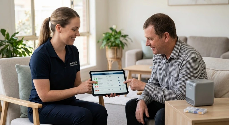 Support worker reviewing digital medication management records and eMAR checklist with an NDIS participant.